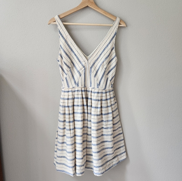 J. Crew | Women's Cream Fit and Flair Dress With Blue Stipes - Picture 1 of 9